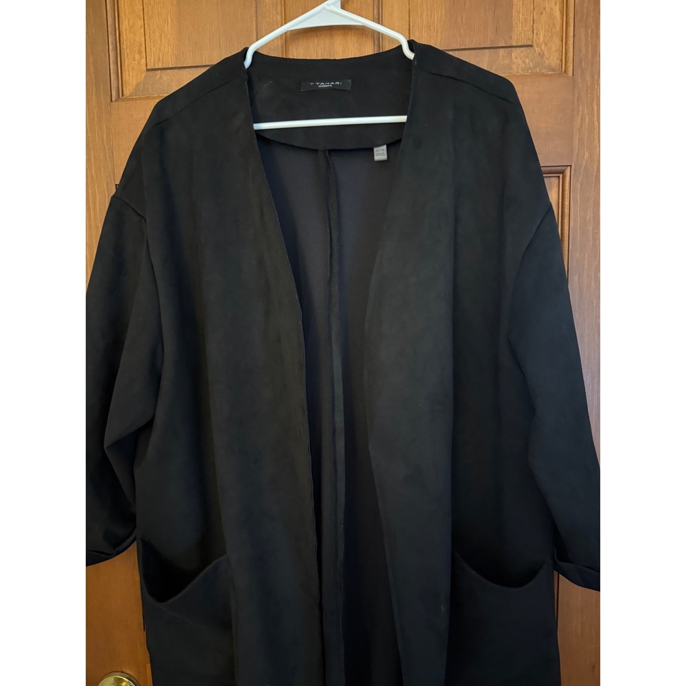 T Tahari Open Front Cardigan Jacket Women Size 2X Black Faux Suede Wedding Guest